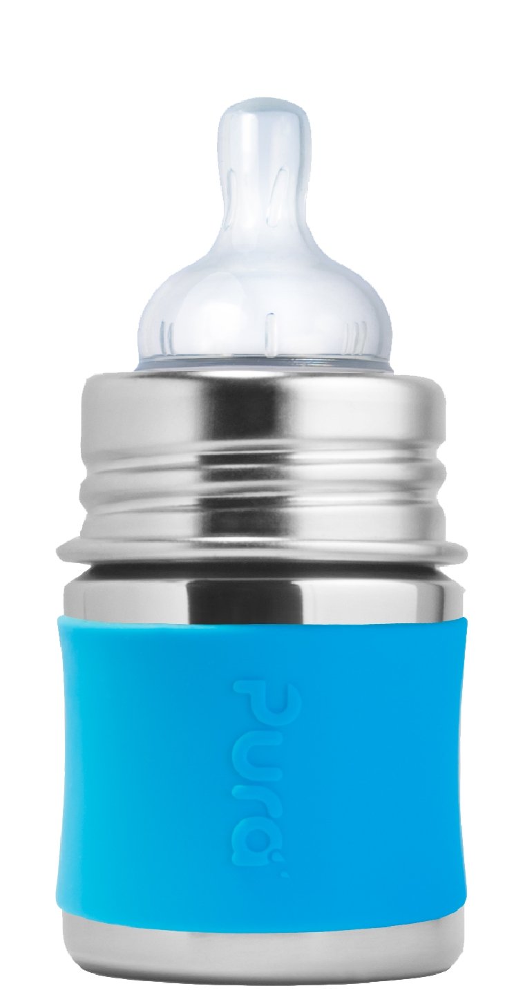 Biberon pour bébé évolutif INOX 150ml + tétine + manchon (différentes couleurs) - à partir de la naissance-Bleu-Biberon-Pura-Nature For Kids-9