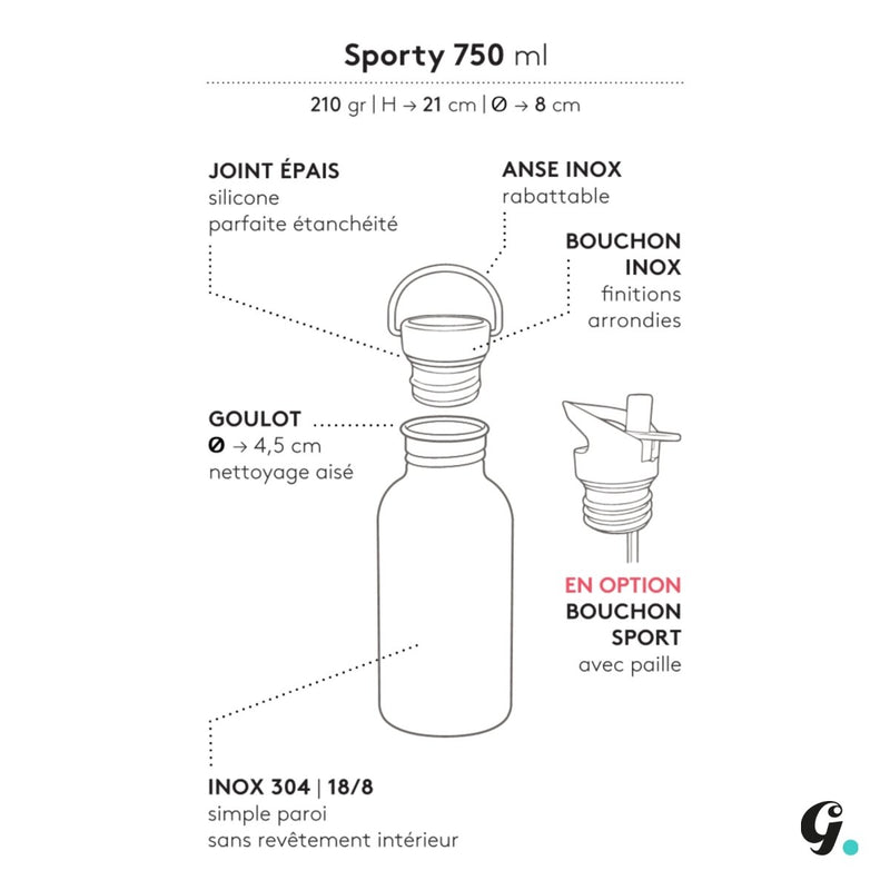Gourde inox simple paroi Gaspajoe - modèle SPORTY 750ml - Lotus, Baleine ou Palmier - dès 8 ans-Lotus-Gourde-GASPAJOE-Nature For Kids-2