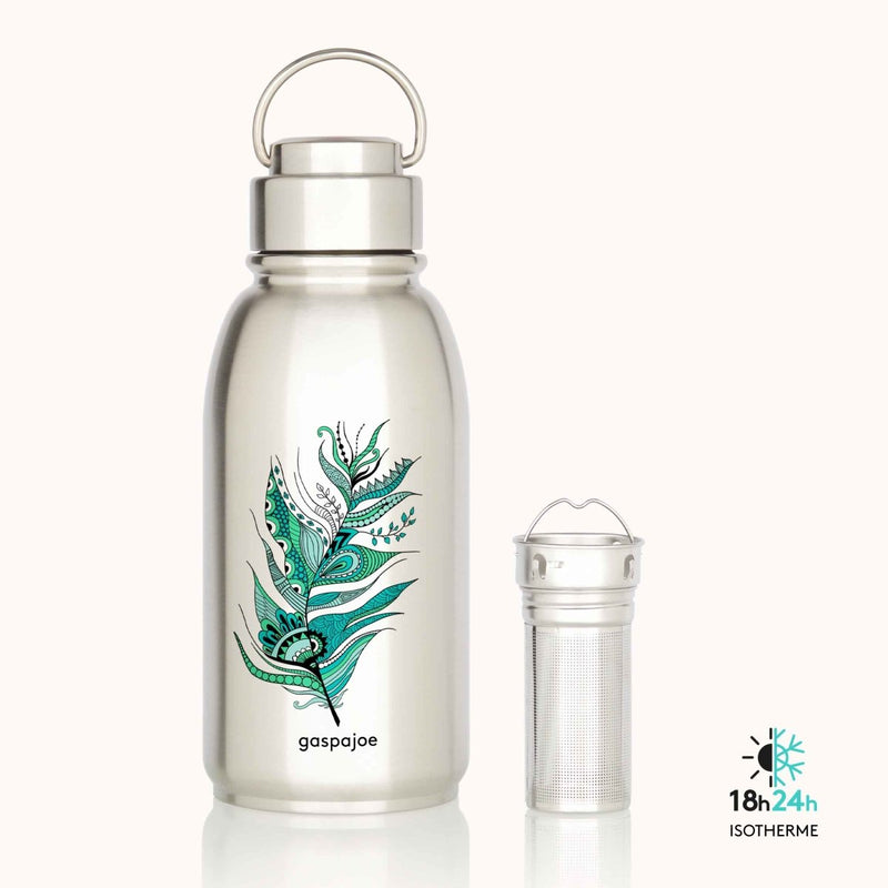 Gourde isotherme friendly+ et son infuseur tout inox - Plume verte - 700 ml--Gourde-Gaspajoe-Nature For Kids-1